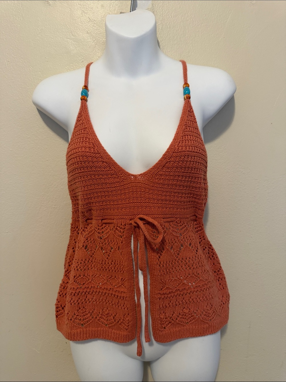 Pink Rose Burnt Orange Crochet Tie-Front Camisole Top